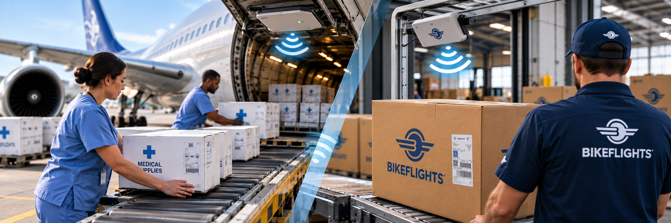 Medical supplies loaded onto an aircraft beside a bike box passing an RFID reader in a warehouse